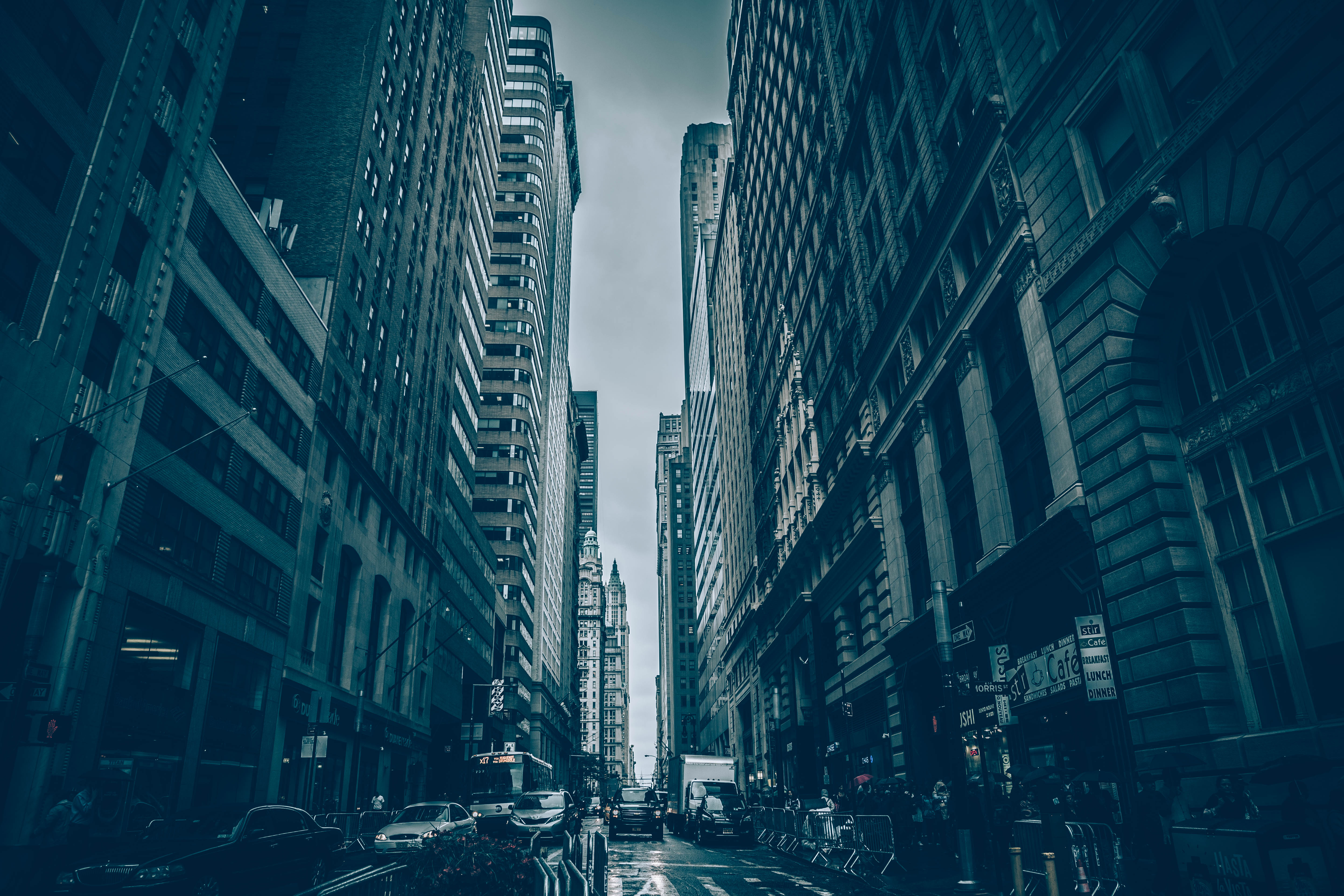 City building either side of a road